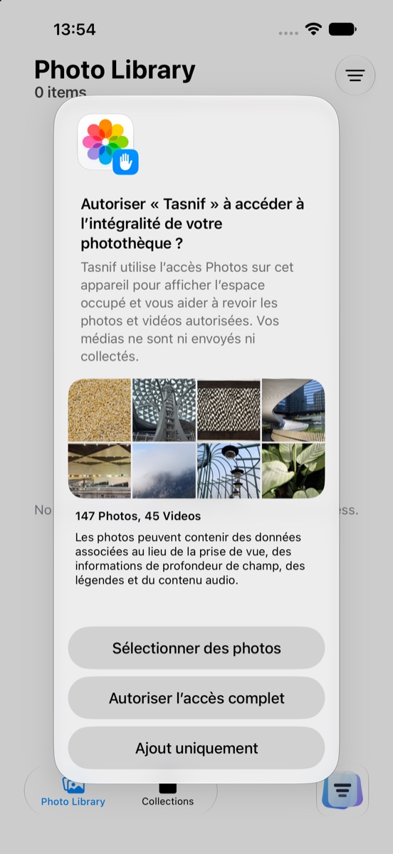 Tasnif shows the iPhone Photos library without uploading media.