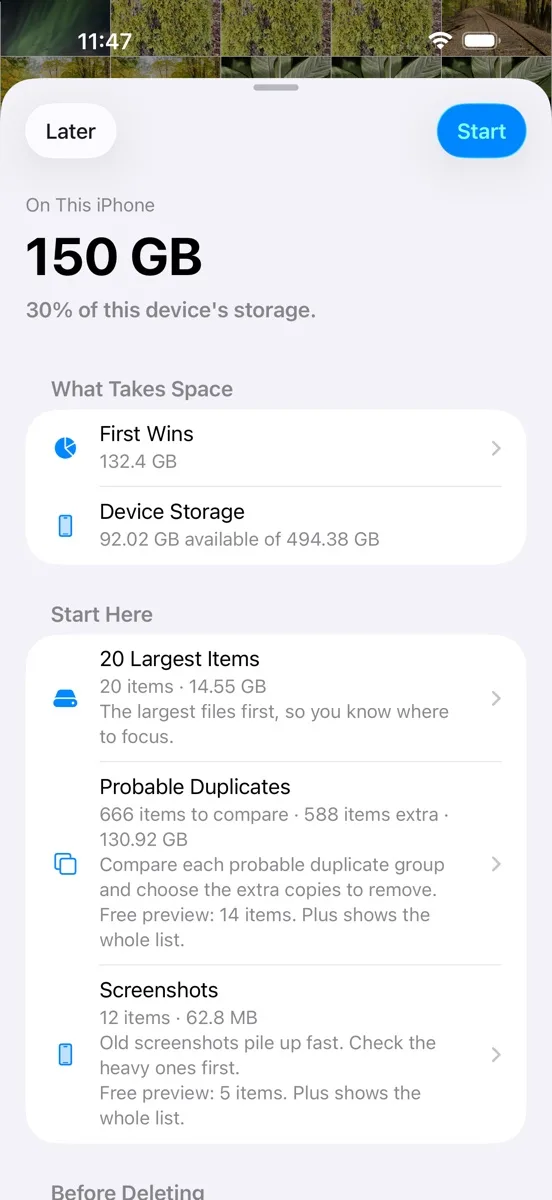 Tasnif shows photo library storage and priority review actions.
