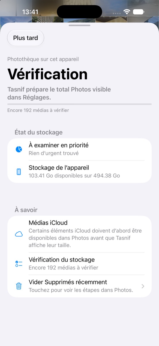 Tasnif affiche l'espace de la photothèque et les actions de revue prioritaires.
